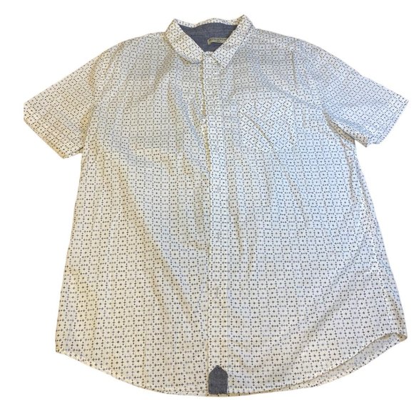 BEANS & BONES short sleeve white button front shirt with blue designs men's XL - Picture 1 of 5